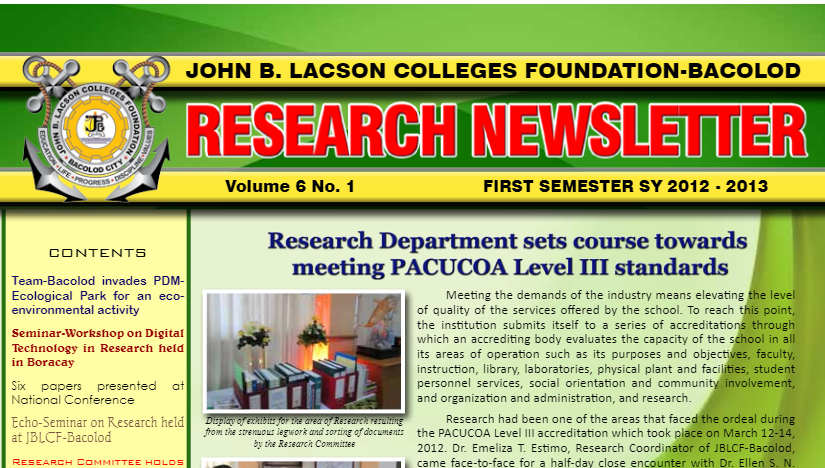 BACOLOD RESEARCH NEWSLETTER January – September 2012
