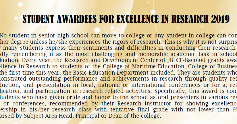 Article 16 | STUDENT AWARDEES FOR EXCELLENCE IN RESEARCH 2019 | 2018-2019 Annual Accomplishment Report